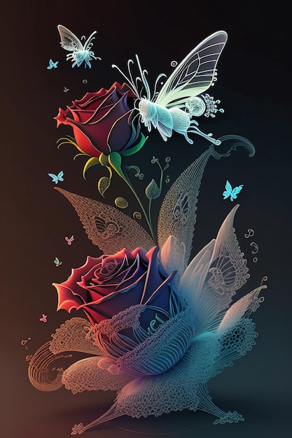 A drawing of two roses with a butterfly on it.