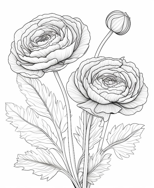 Photo a drawing of two roses with leaves on a white background generative ai