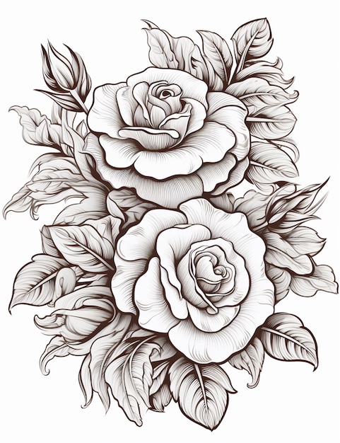 a drawing of two roses with leaves on a white background generative ai