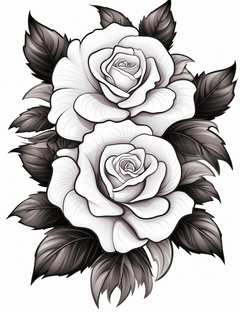 a drawing of two roses with leaves on a white background generative ai