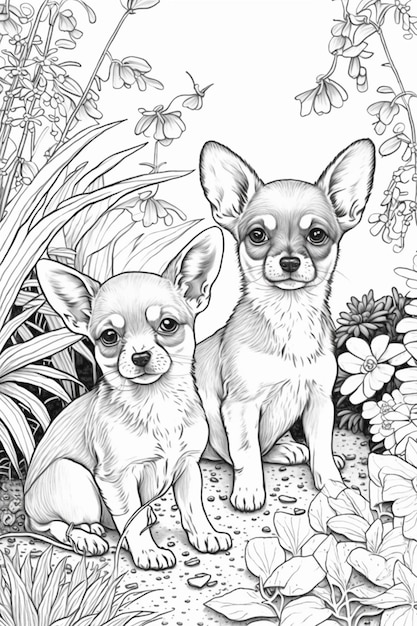 a drawing of two small dogs sitting in the grass generative ai