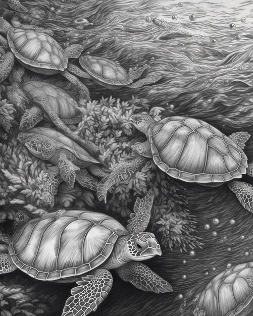 a drawing of two turtles swimming in a body of water generativ ai