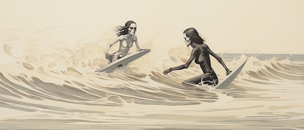 ボディスーツを着た2人の女性の絵で1人がサーフボードを握っています