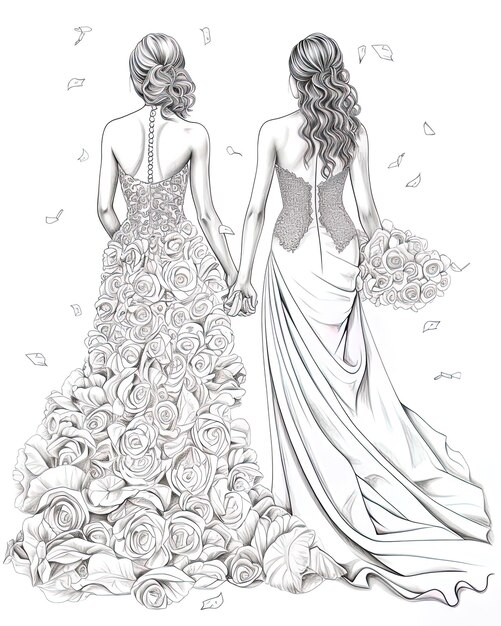 Photo a drawing of two women in a bridal gowns with flowers and a bridal gown