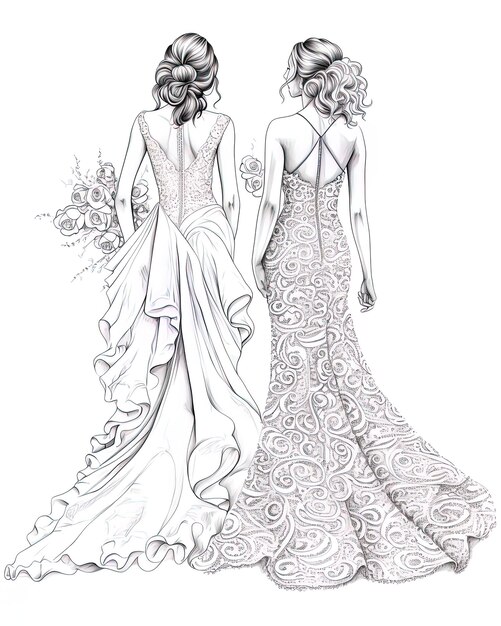 a drawing of two women in a bridal gowns