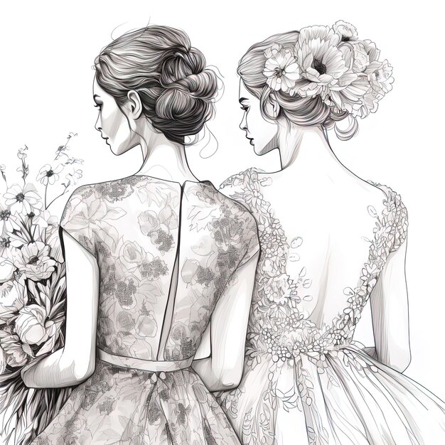 a drawing of two women in a dress with flowers in the background