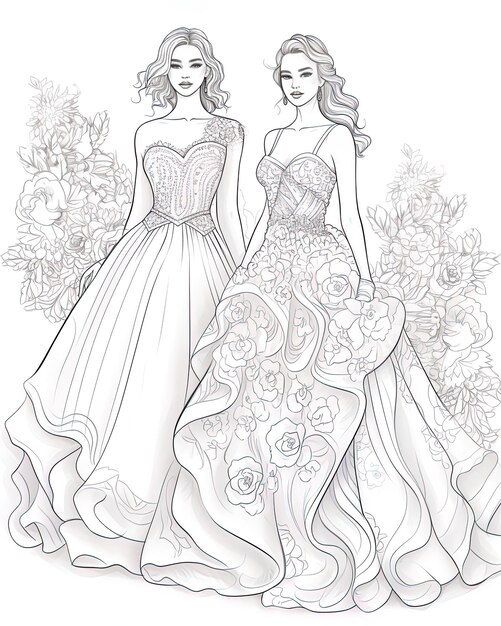 a drawing of two women in a dress with flowers and a drawing of a bride and a bride