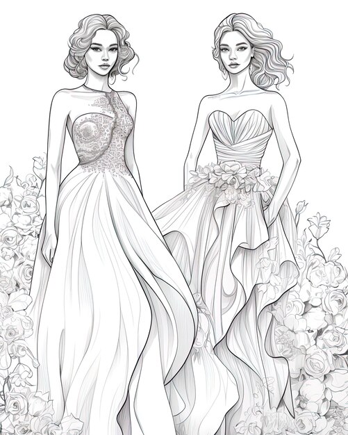 Photo a drawing of two women in dresses with flowers on them