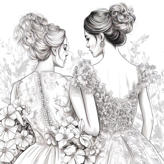 Photo a drawing of two women in a field of flowers