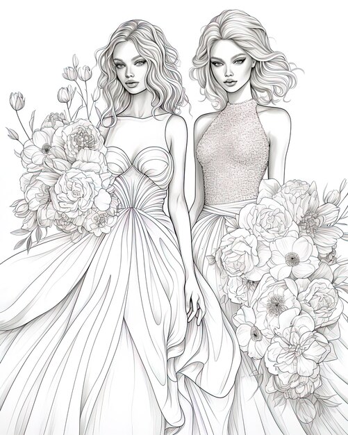 Photo a drawing of two women with flowers in the middle