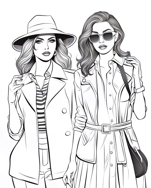 a drawing of two women with sunglasses and hat