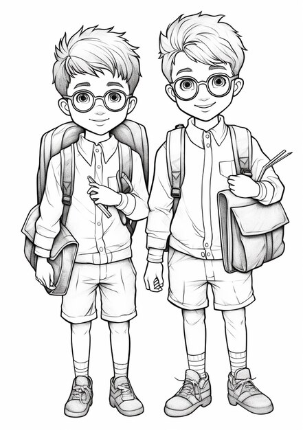 Photo a drawing of two young boys with backpacks and glasses generative ai