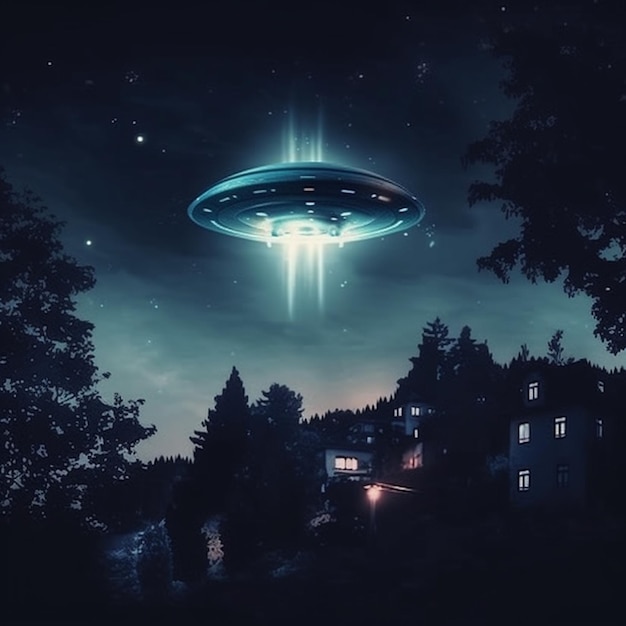 A drawing of a ufo flying over a village.