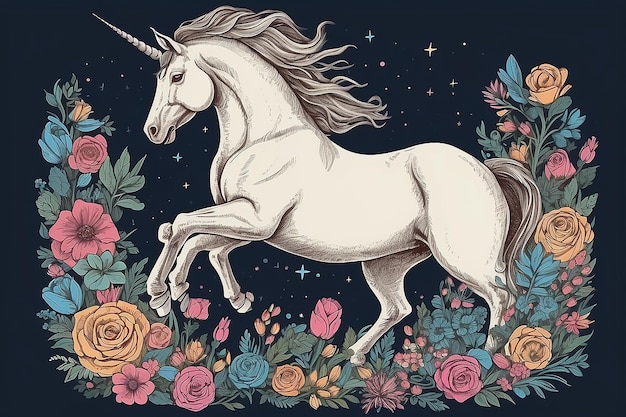 a drawing of a unicorn with flowers and butterflies in a black background