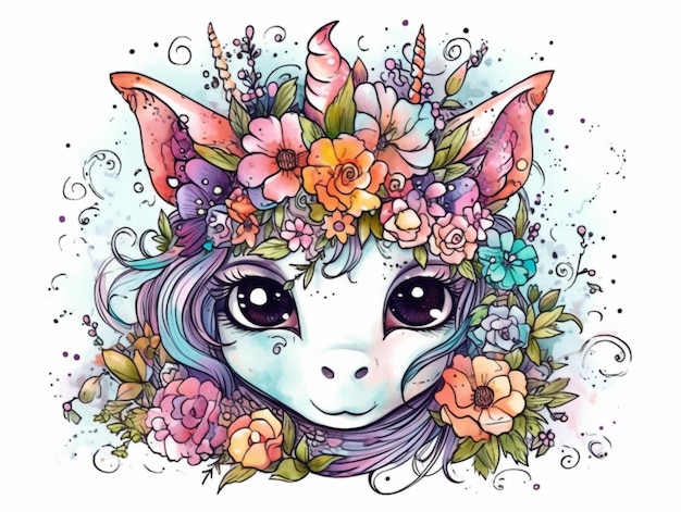 Photo a drawing of a unicorn with flowers on its head generative ai