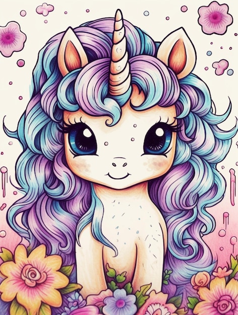 a drawing of a unicorn with long hair and flowers generative ai