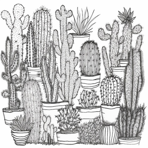 Photo a drawing of a variety of cactus plants in pots generative ai