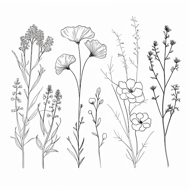 a drawing of a variety of flowers on a white background generative ai