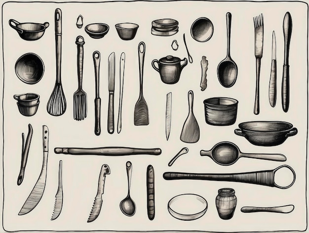 Photo a drawing of a variety of kitchen utensils and spoons