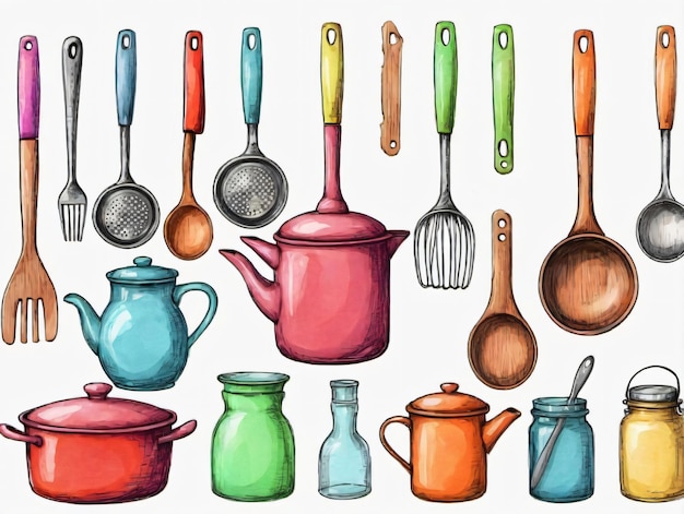 Photo a drawing of a variety of kitchen utensils