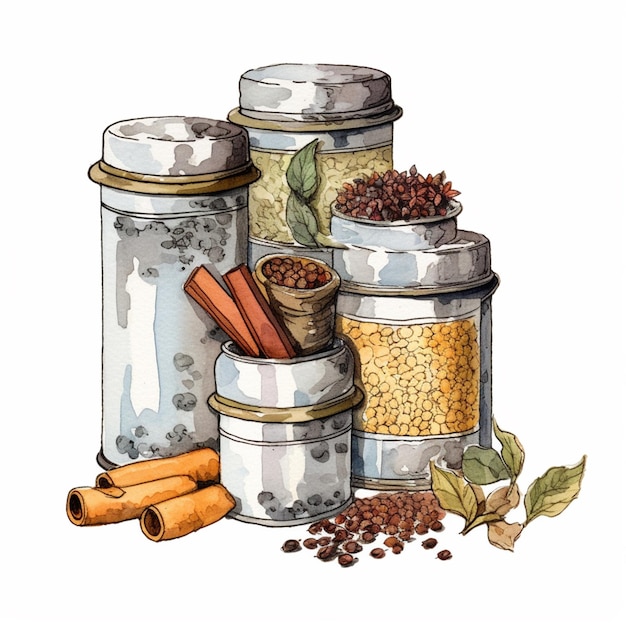 A drawing of a variety of spices in jars with cinnamons generative ai