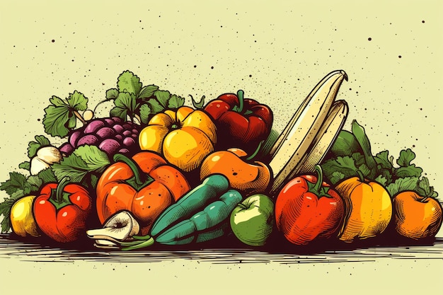 Photo a drawing of a variety of vegetables including tomatoes cucumbers and onions