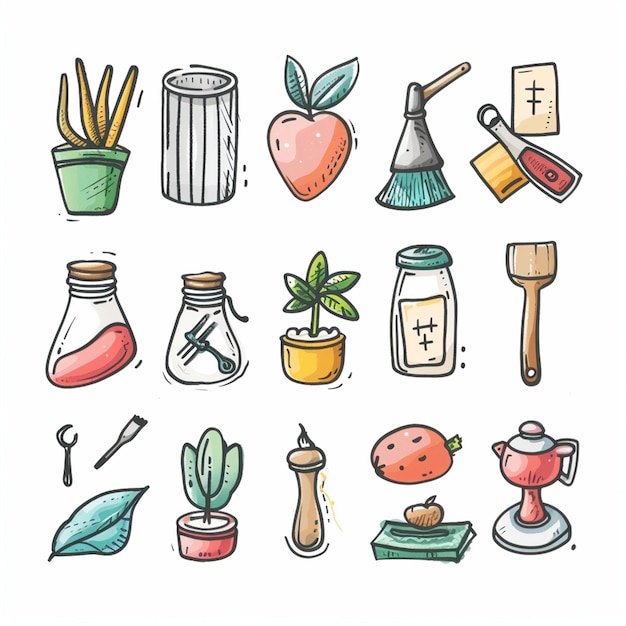 рисунок различных предметов, включая различные предметы, включая бутылку, банку, банку и банку с фруктами