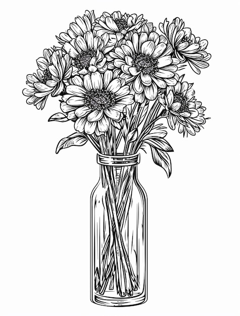 a drawing of a vase filled with flowers on a white background generative ai