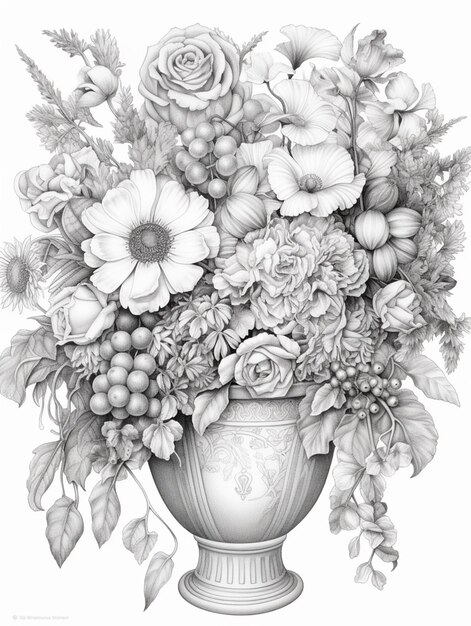 рисунок вазы с цветами с виноградом и другими цветами генеративный ai