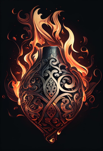 A drawing of a vase with a flame on it