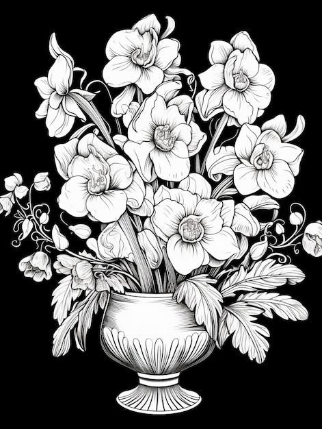 a drawing of a vase with flowers in it on a black background generative ai