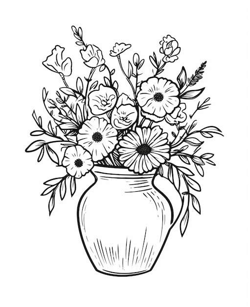 a drawing of a vase with flowers in it on a white background generative ai