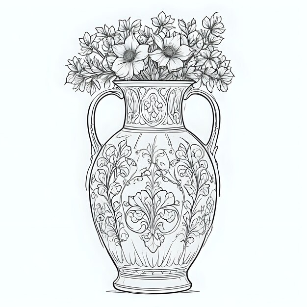 a drawing of a vase with flowers in it