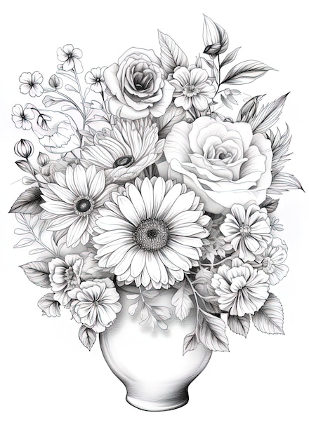 a drawing of a vase with flowers in it