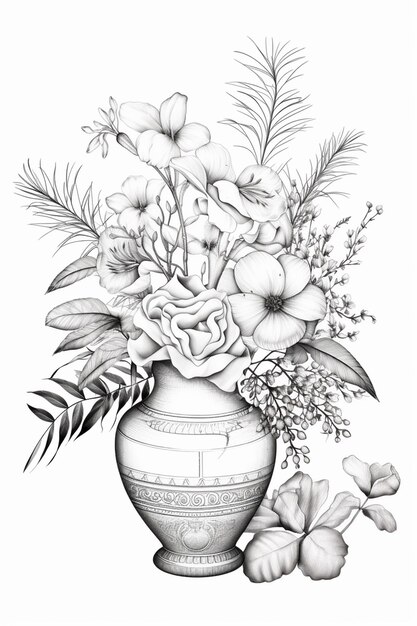 a drawing of a vase with flowers and leaves in it generative ai