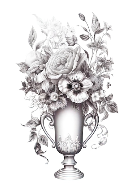 Foto un disegno di un vaso con fiori e foglie.