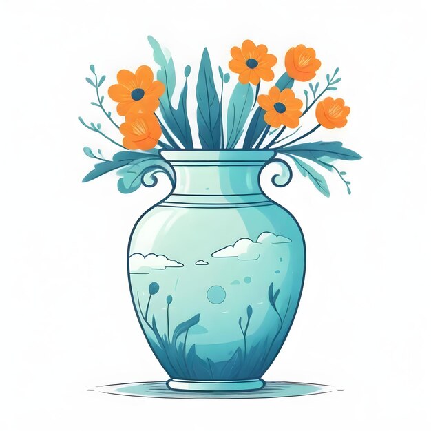 a drawing of a vase with orange flowers in it