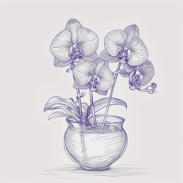 A drawing of a vase with orchids on it