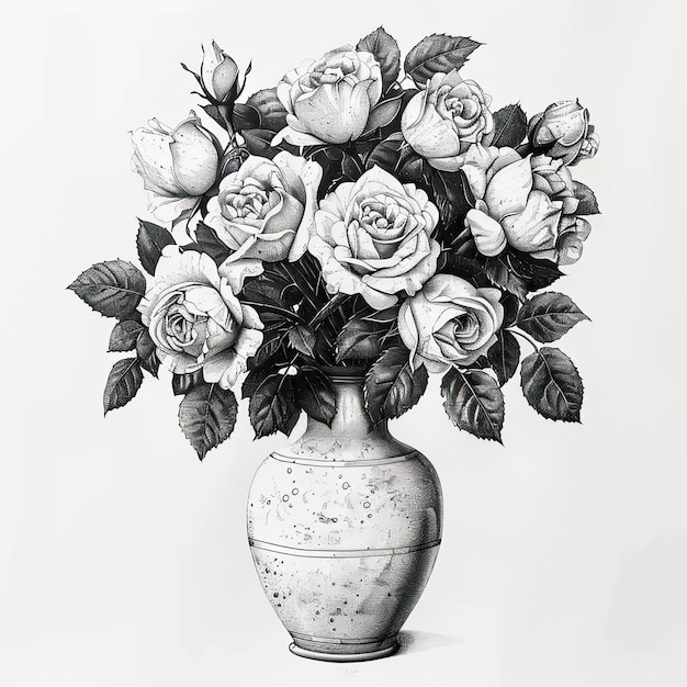 A drawing of a vase with roses in it