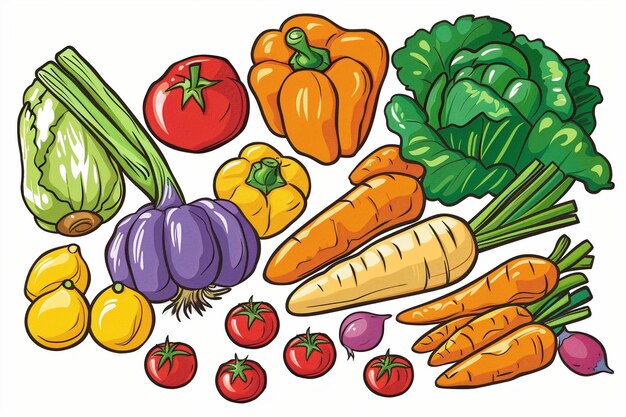 a drawing of vegetables including carrots broccoli onions and radish