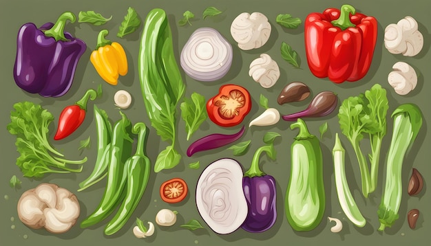 a drawing of vegetables including onions onions peppers and onions