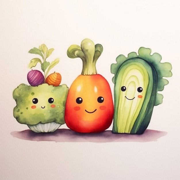 A drawing of vegetables with a cute face and a cute face.