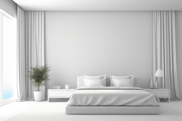 Drawing of a very bright minimalist bedroom