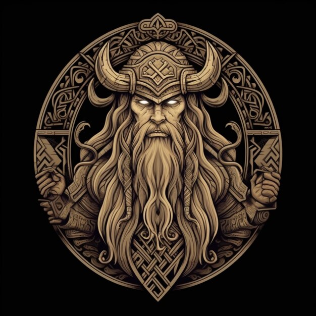 A drawing of a viking with a long beard and a horned face generative ai