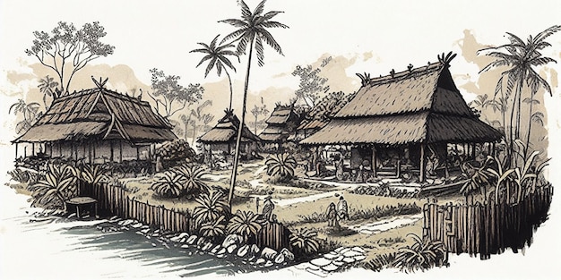 A drawing of a village with a palm tree on the left and a small village with a small village in the background.