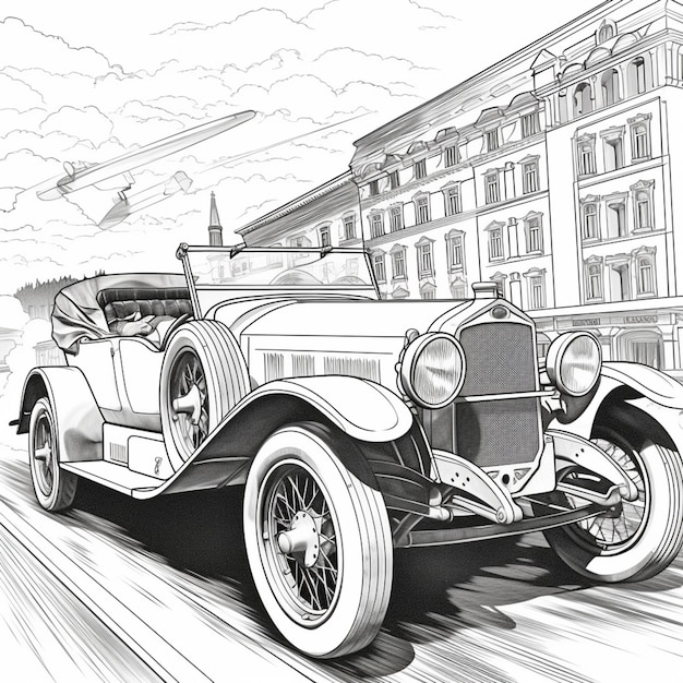 Foto disegno di un'auto d'epoca che guida per una strada in una città generativa ai