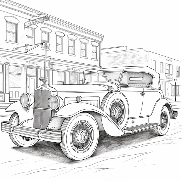 Foto disegno di un'auto d'epoca parcheggiata di fronte a un edificio generativo ai