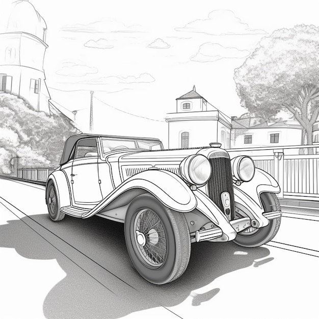 Foto disegno di un'auto d'epoca in una strada con una chiesa sullo sfondo ai generativa