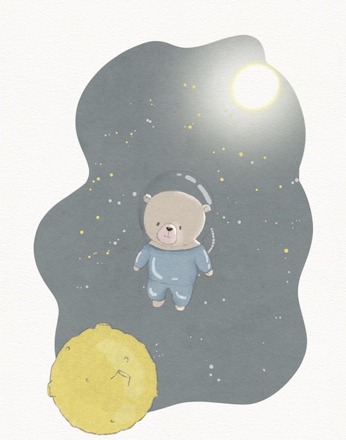 Drawing vintage cute cartoon teddy bear astronaut in space greeting card for kids