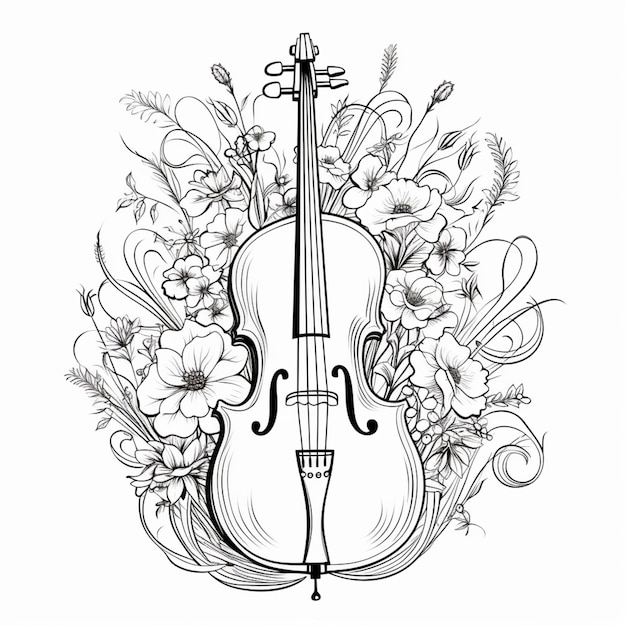 Photo a drawing of a violin with flowers and leaves generative ai